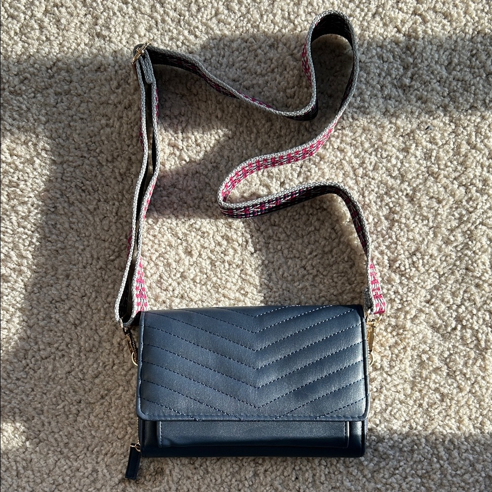 Stylish Navy Crossbody Bag with Patterned Adjustable Strap - Brand NEW
